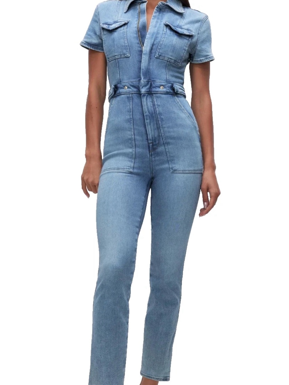 Good American Light Blue Short-Sleeve Denim Overall Jumpsuit